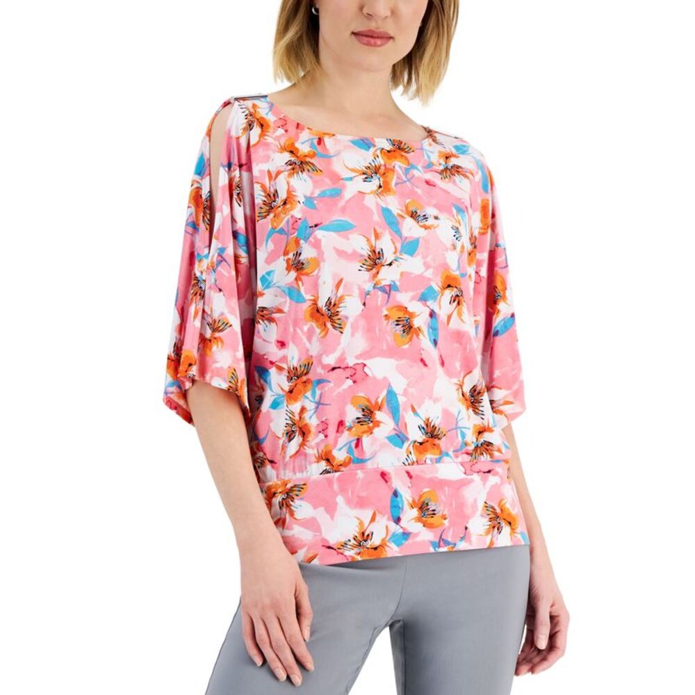 JM Collection Womens Abstract Print Cutout Sleeve Top